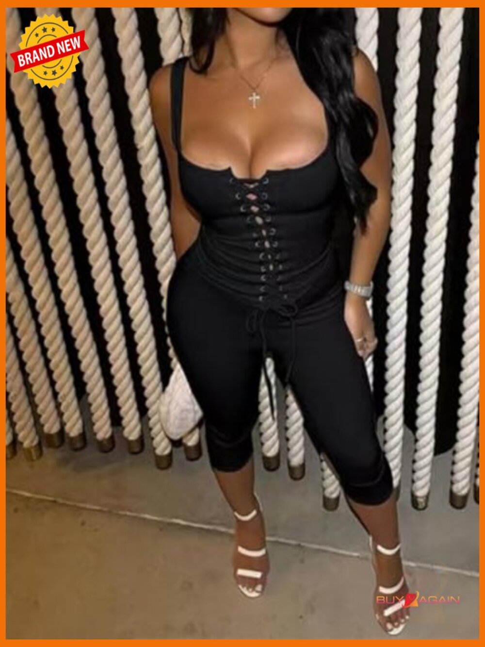 Women's Ribbed Knit 2 Piece Set - Tank Top & Capri Leggings Bodycon Jumpsuit - Picture 2 of 5